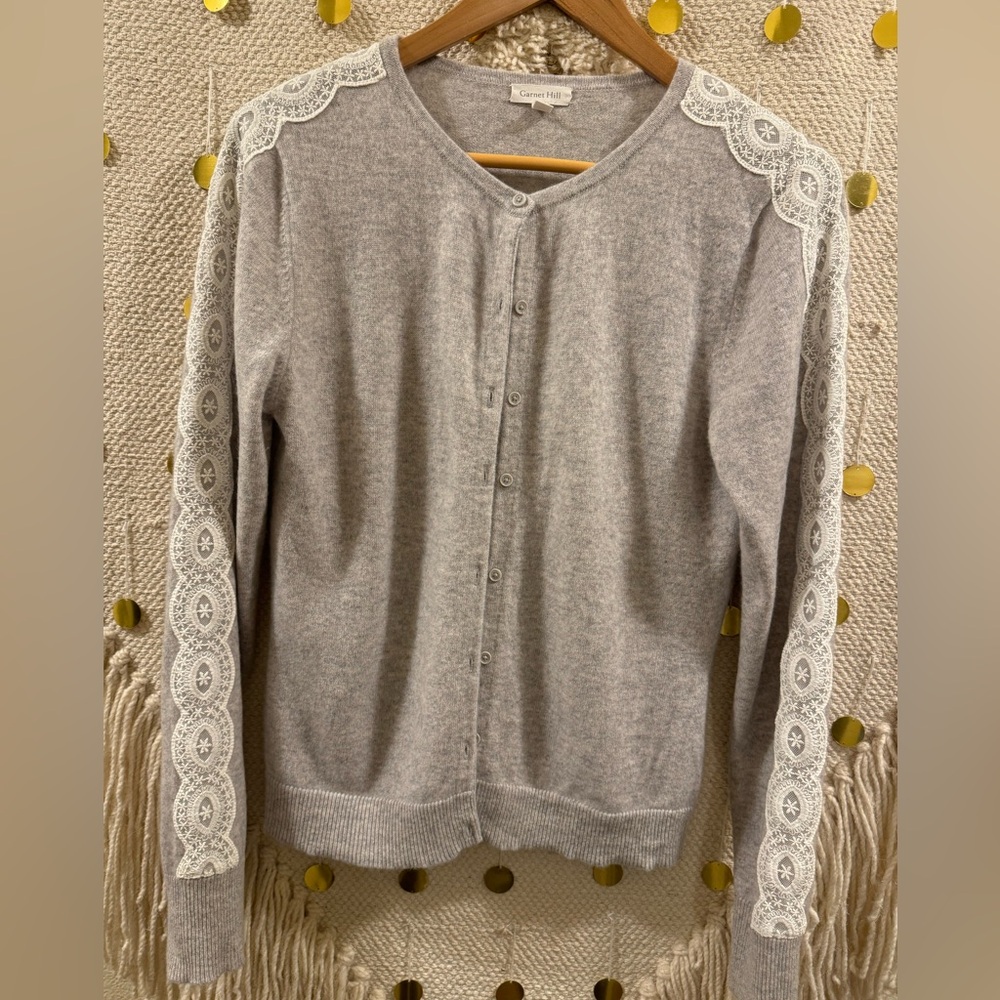 Garnet Hill Gray Cardigan Sweater with Cream Lace Trim